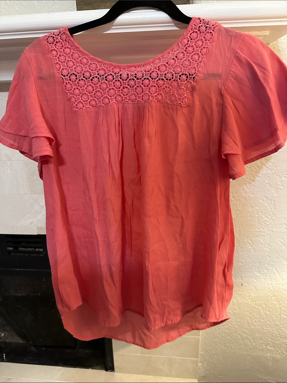 Women’s Coral/Pink Crochet Yoke Blouse
